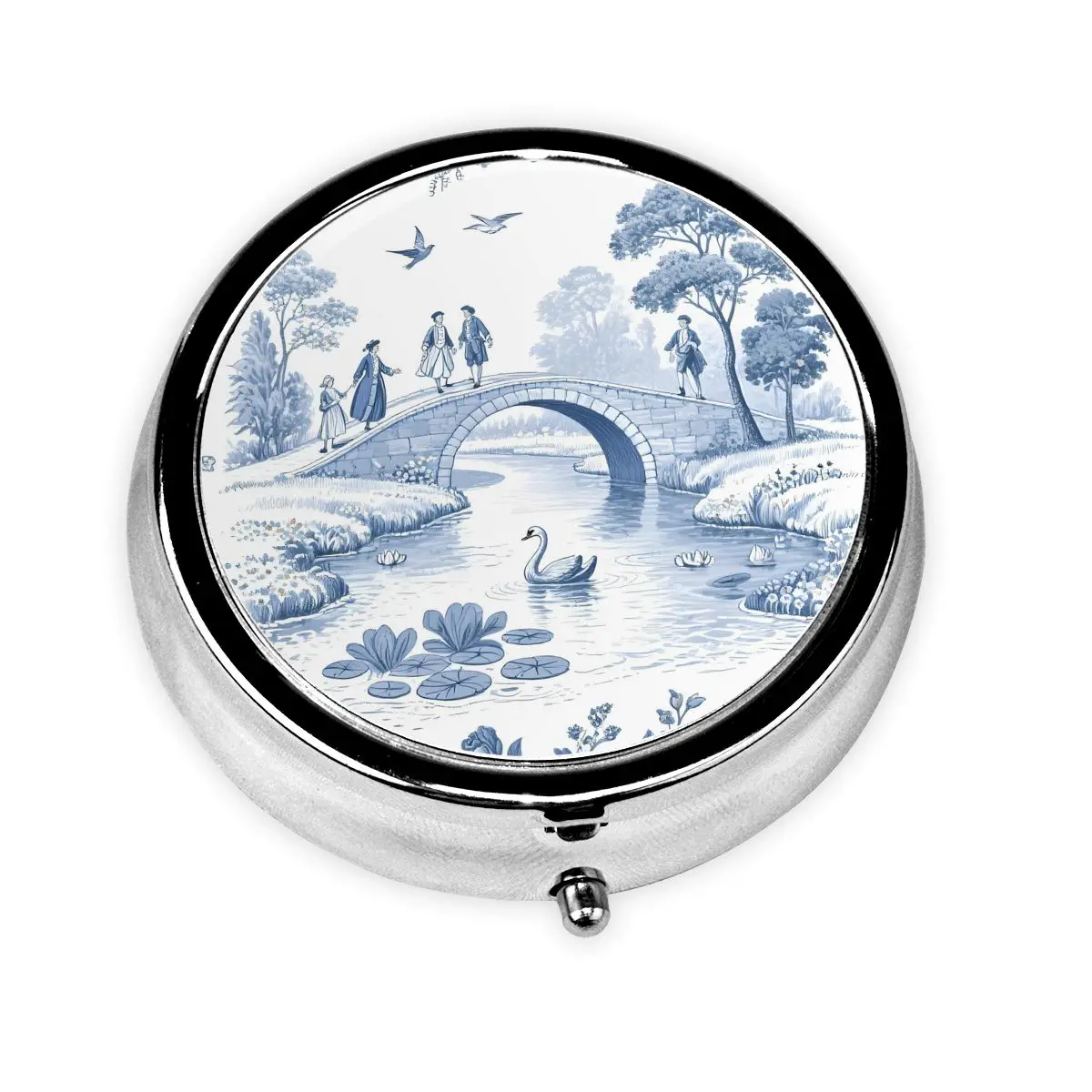 

Personalized Toile De Jouy Blue Round Pills Boxes Classical Pastoral 3-Compartment Mini Pill Container Medicine Box Dispenser