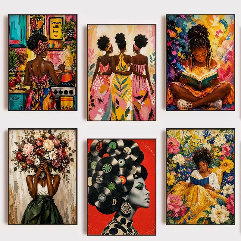 Colorful Afro Pop Art Black Woman Cooking in Kitchen Reading Vinyl Record Poster Canvas Painting Wall Pictures Home Decor
