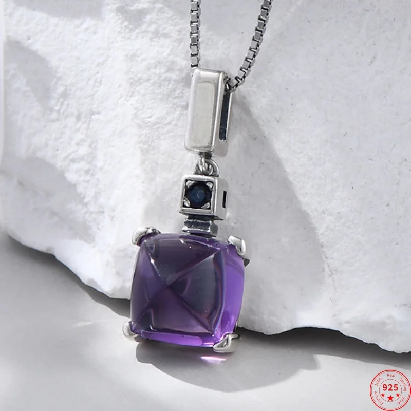 

S925 Sterling Silver Charms Pendant for Women Men New Fashion Geometric Square Mysterious Amethyst Punk Jewelry Free Shipping