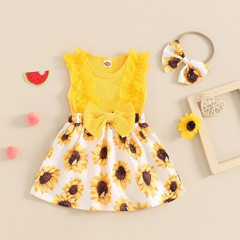 Baby Girls Rompers Dress Sunflower/Watermelon Print Bowknot Sleeveless Skirt Hem Bodysuits Summer Clothes with Headband