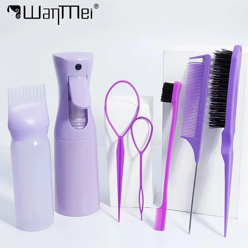 

7pcs Hair Styling Kit Rat Tail Edge Control Brush Straight Comb with Refillable Hair Cloring Bottle Spray Bottle Styling Kit