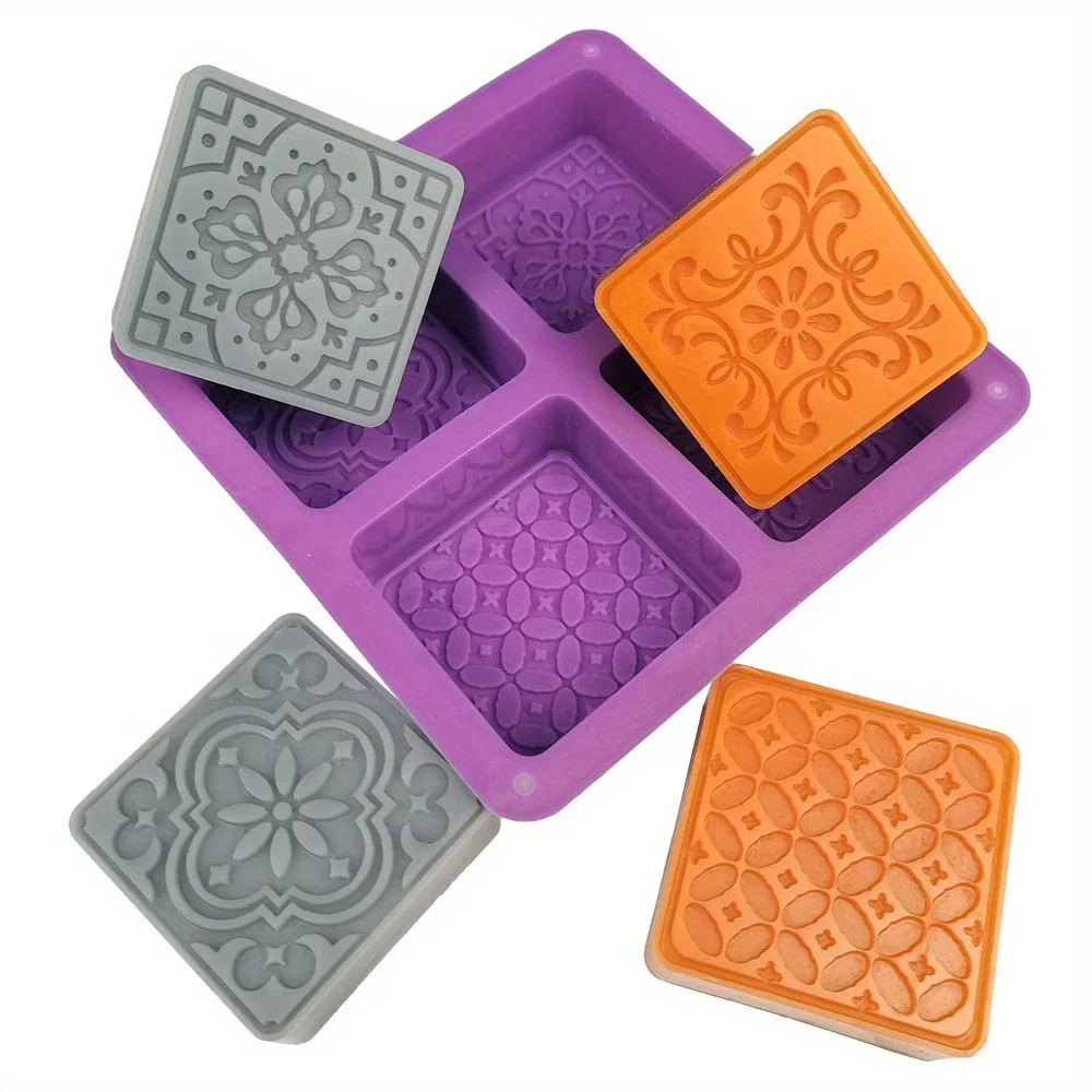 4-Cavity Square Soap Mold with Floral Designs - Silicone Soap Making Molds for DIY Projects