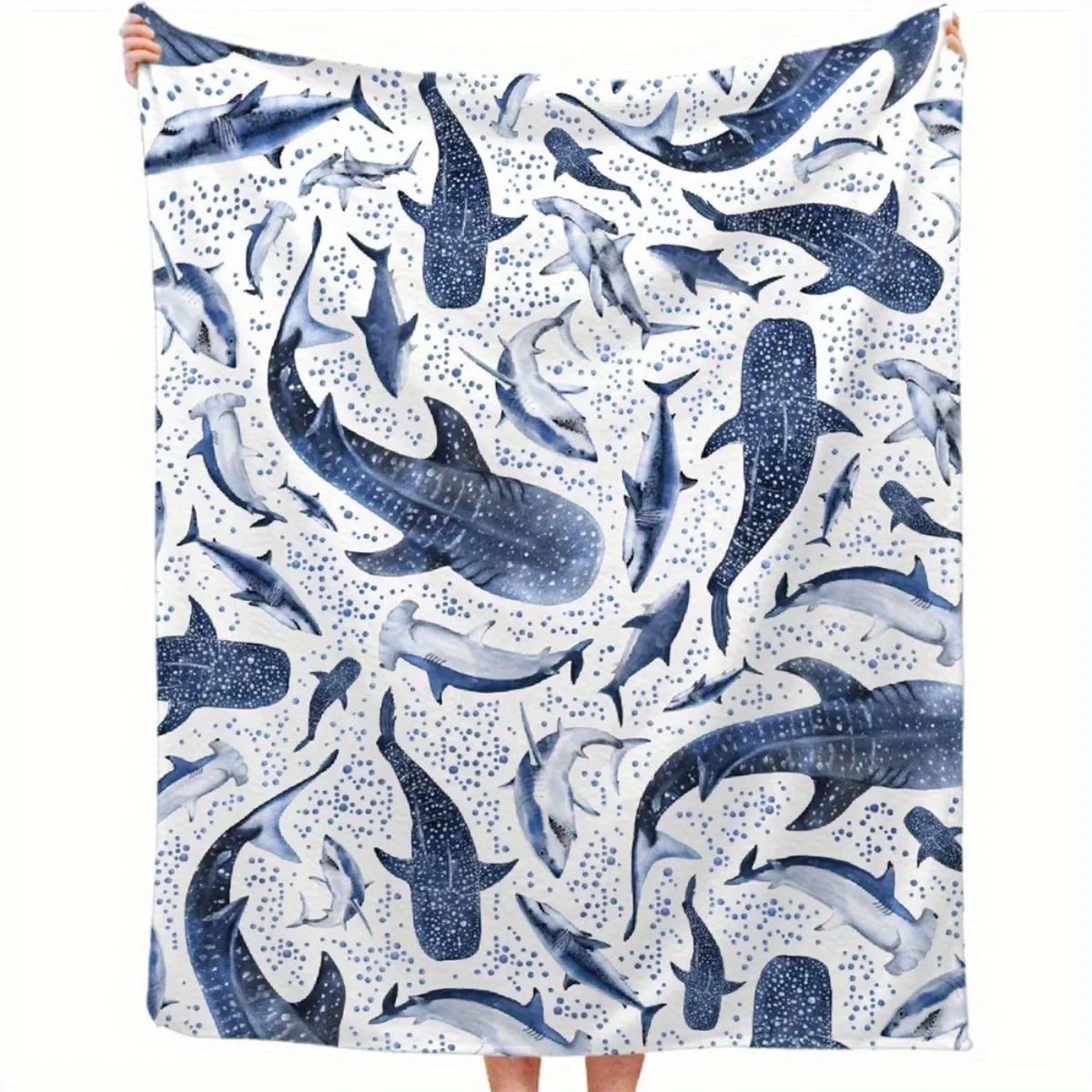 Local [Comfortable Ocean Shark Blanket] Ultra-Soft Warm And Comfortable Ocean Shark Flannel Blanket | Navy Blue And White Shark/