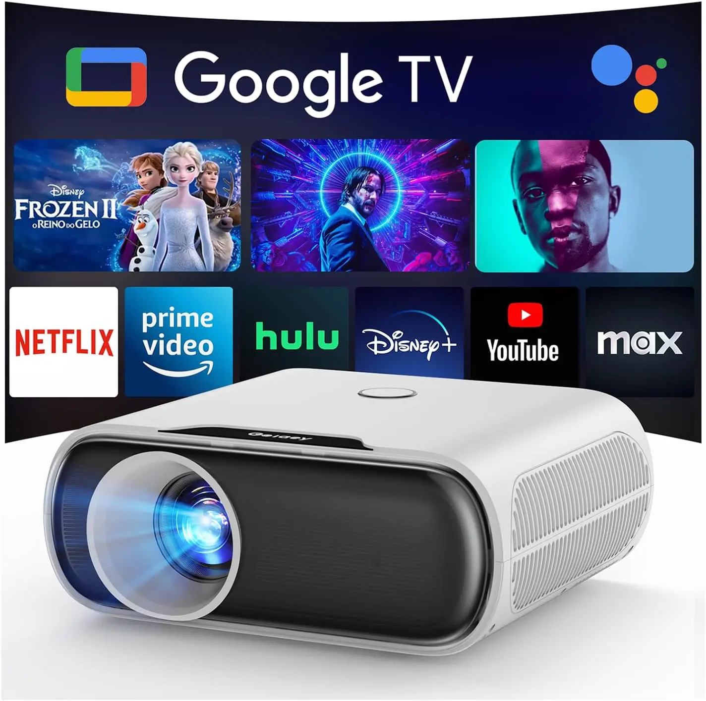 

Портативный смарт-проектор 2000 ANSI с Wi-Fi 6, Bluetooth 5.2, Google TV и голосовым помощником, нативное разрешение 1080P HDR10