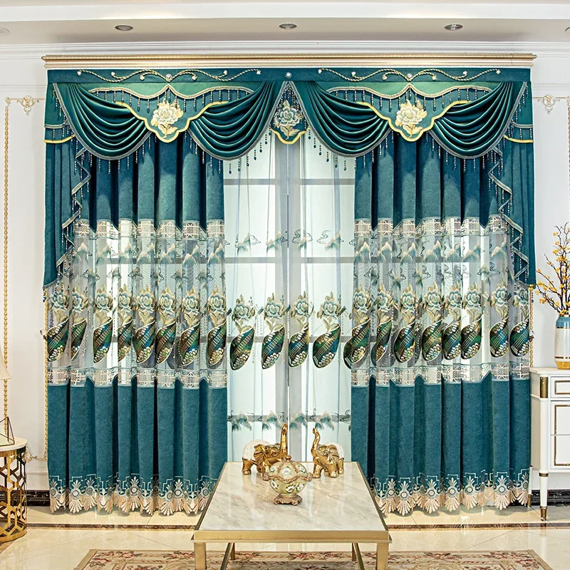 

High End Chinese Luxury Large HollowThickened Chenille Gold Thread Embroidered Fabric Curtains for Living Dining Room Bedroom