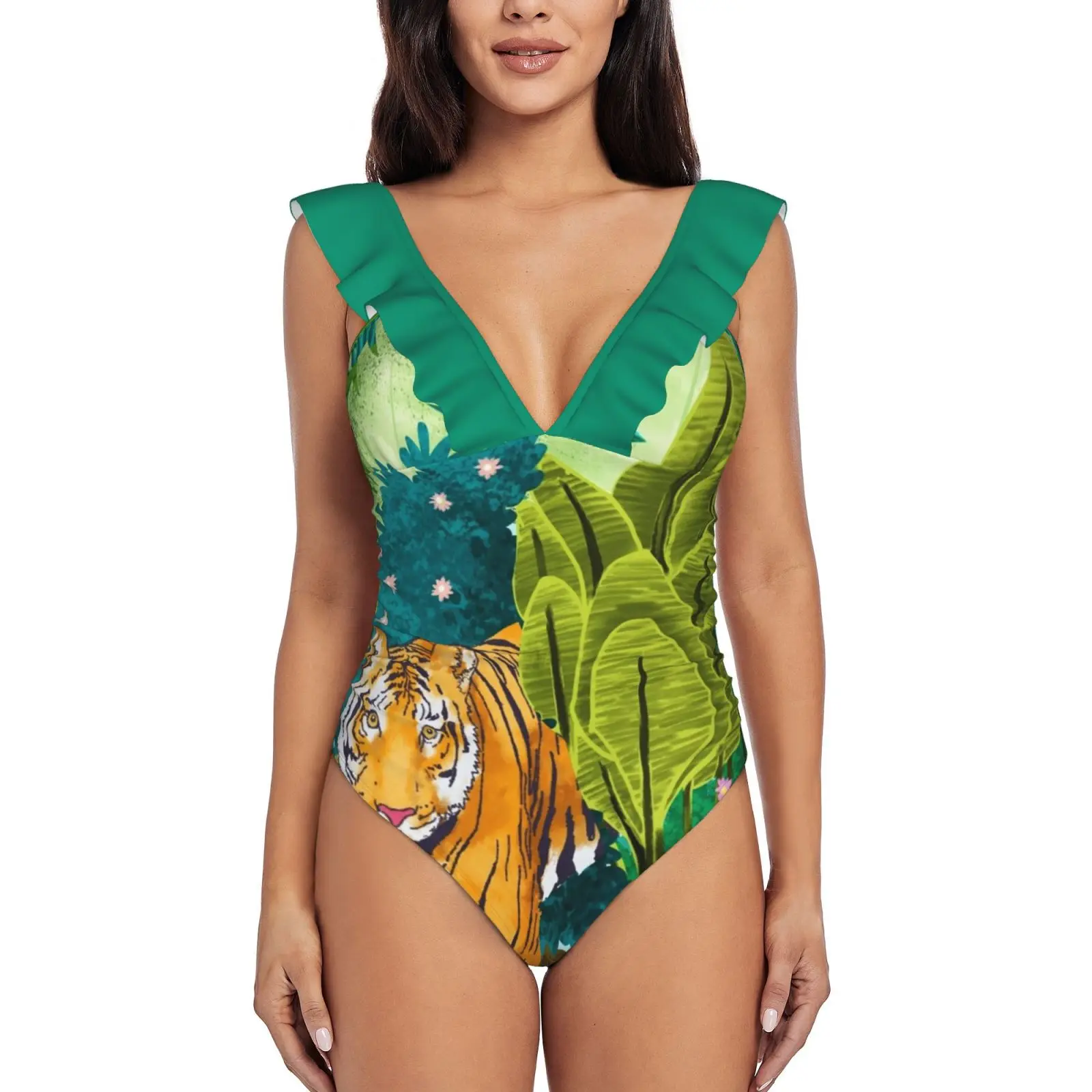 

Jungle Tiger Sexy Ruffle Print Swimwear Women One Piece Swimsuit Female Monokini Bathing Suit Watercolor Jungle Forest Tiger