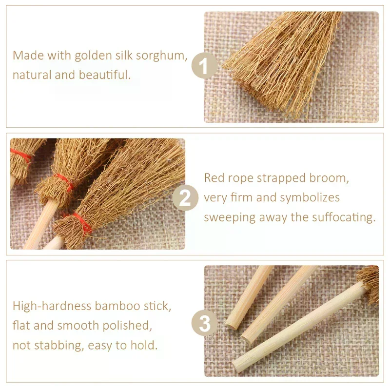 /GJ/10pcs Mini Red Rope Straw Brooms For Dollhouse Decor Halloween Micro Landscape Decorations Accessories