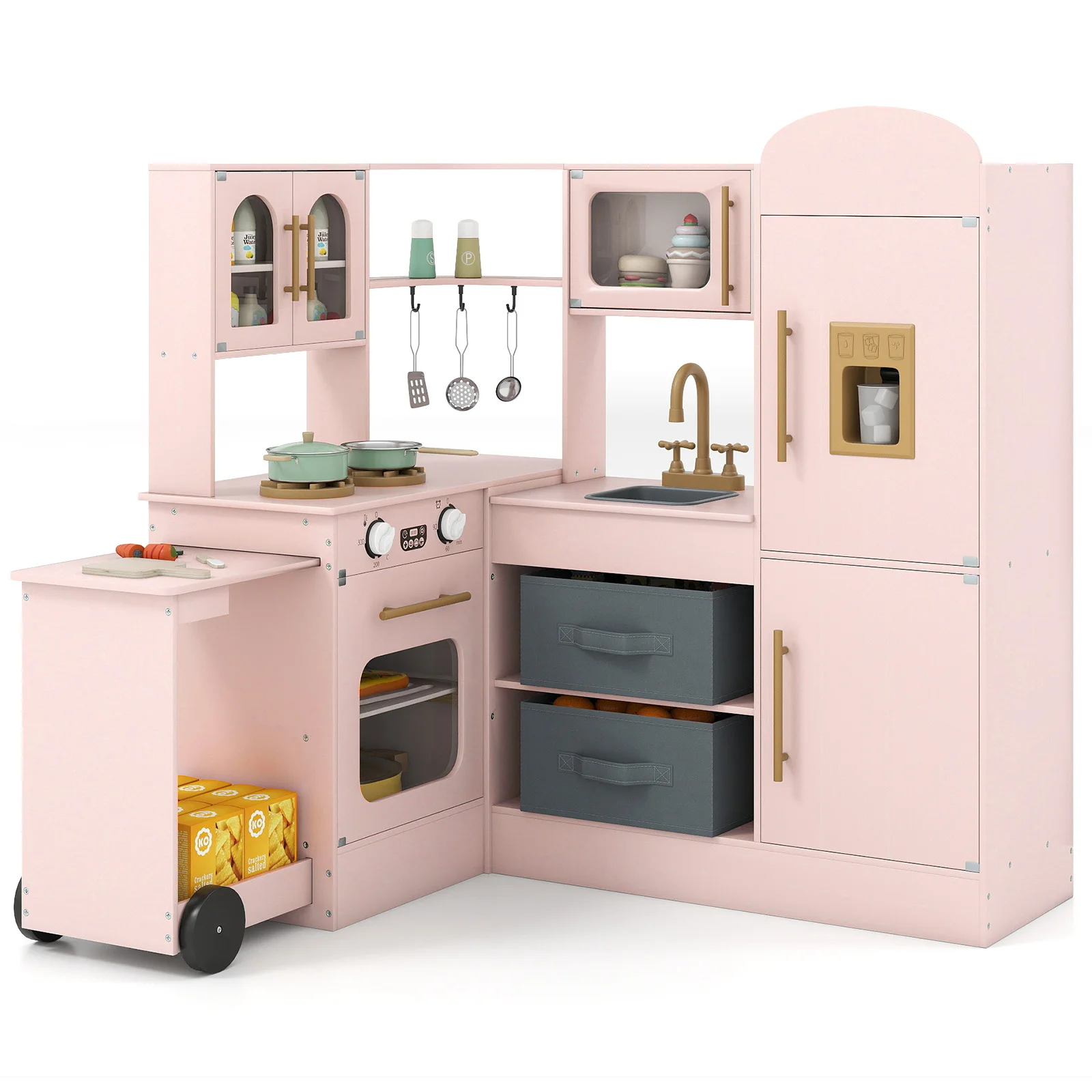 Cuisine d'angle, ensemble de jeu interactif en bois avec comptoir rétractable, évier, poêles, four, réfrigérateur, machine à glaçons, ensemble de cuisine jouet
