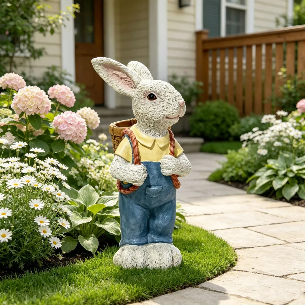 Simulated Couple Rabbit Statue Flower Pot Ornament, 17'' Resin Crafts Garden Sculpture Decor, Household Guardian Ornament, Ideal Gift for Independence Day for Yard Home Outdoor Decor view 7