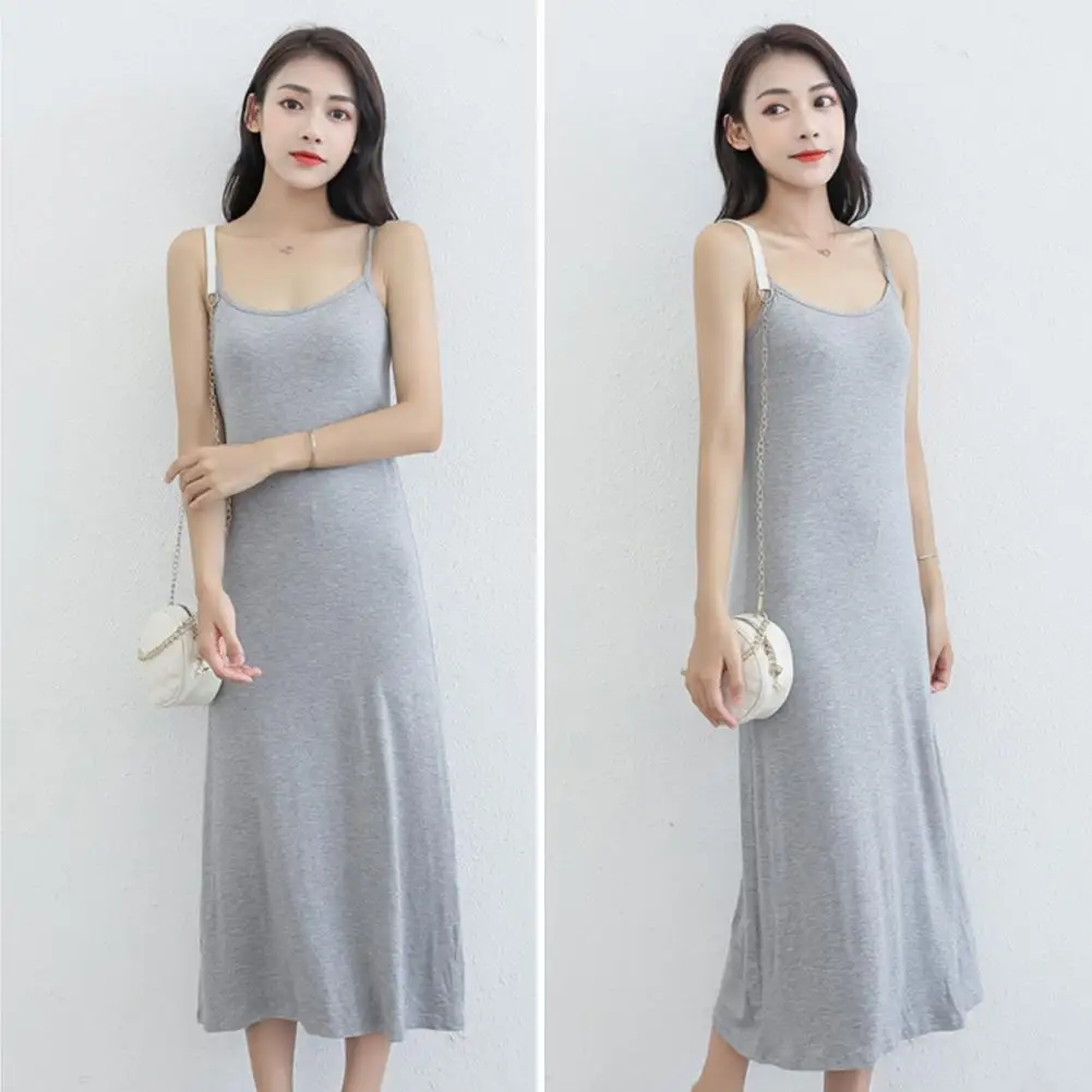 

New Women's Camisoles Full Slips Dress Shoulder-straps Long Under Dress Solid Underskirt Inner Petticoat Outerwear Midi Dress