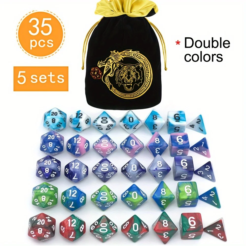 DND 5 Sets 35 Pcs Polyhedral Dice with a Creative Pattern Satin-Lined Velvet Bag for DND RPG MTG, Great Gift for Halloween view 2