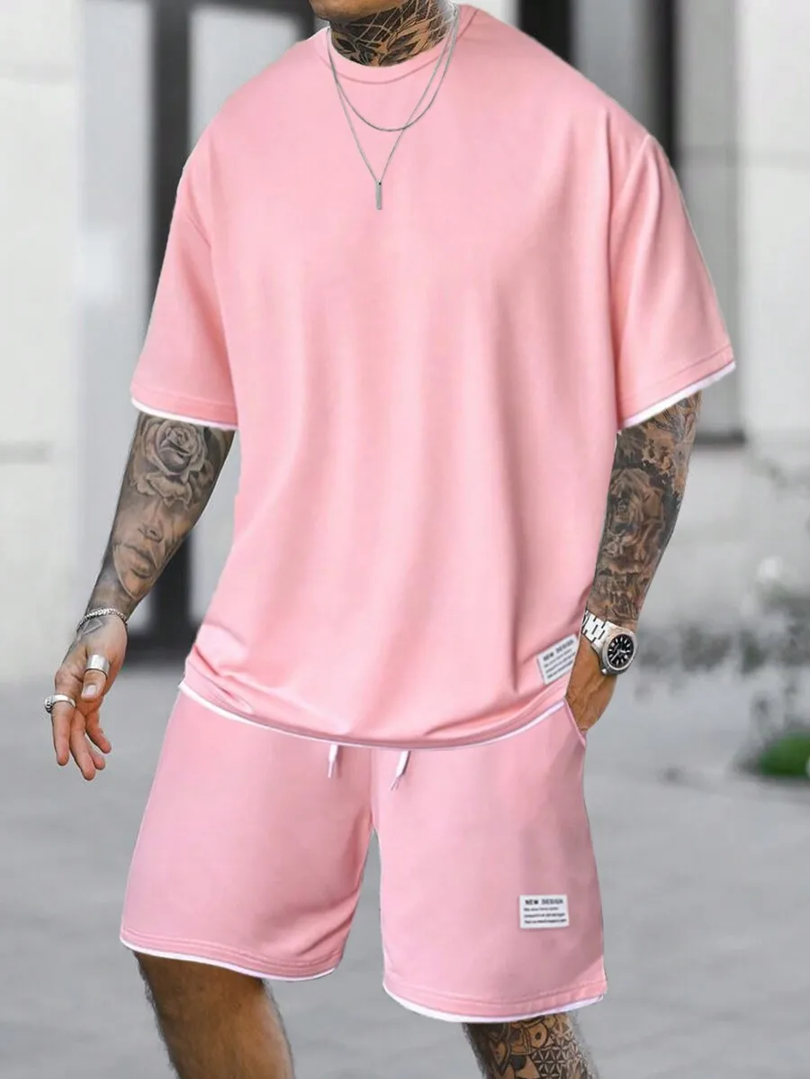 Manfinity Homme Men Letter Patched Detail Contrast Trim Tee & Drawstring Waist Shorts