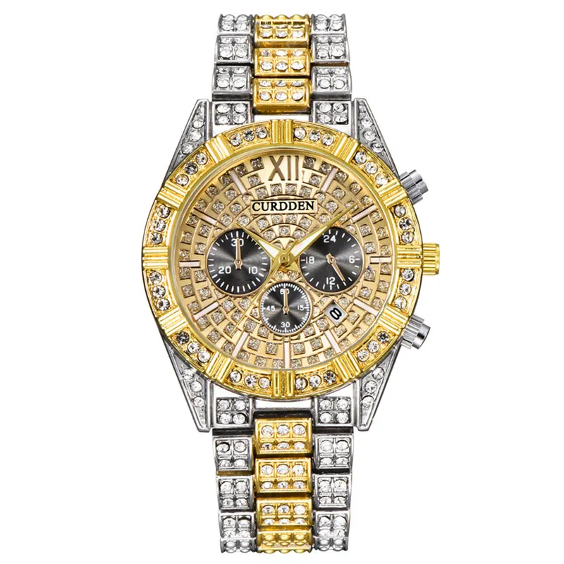 Mannen Beroemde Merk Horloges Studenten Hiphop Diamant Mode Legering Band Eenvoudige Date Gouden Quartz Horloge Montres De Marque De Luxe