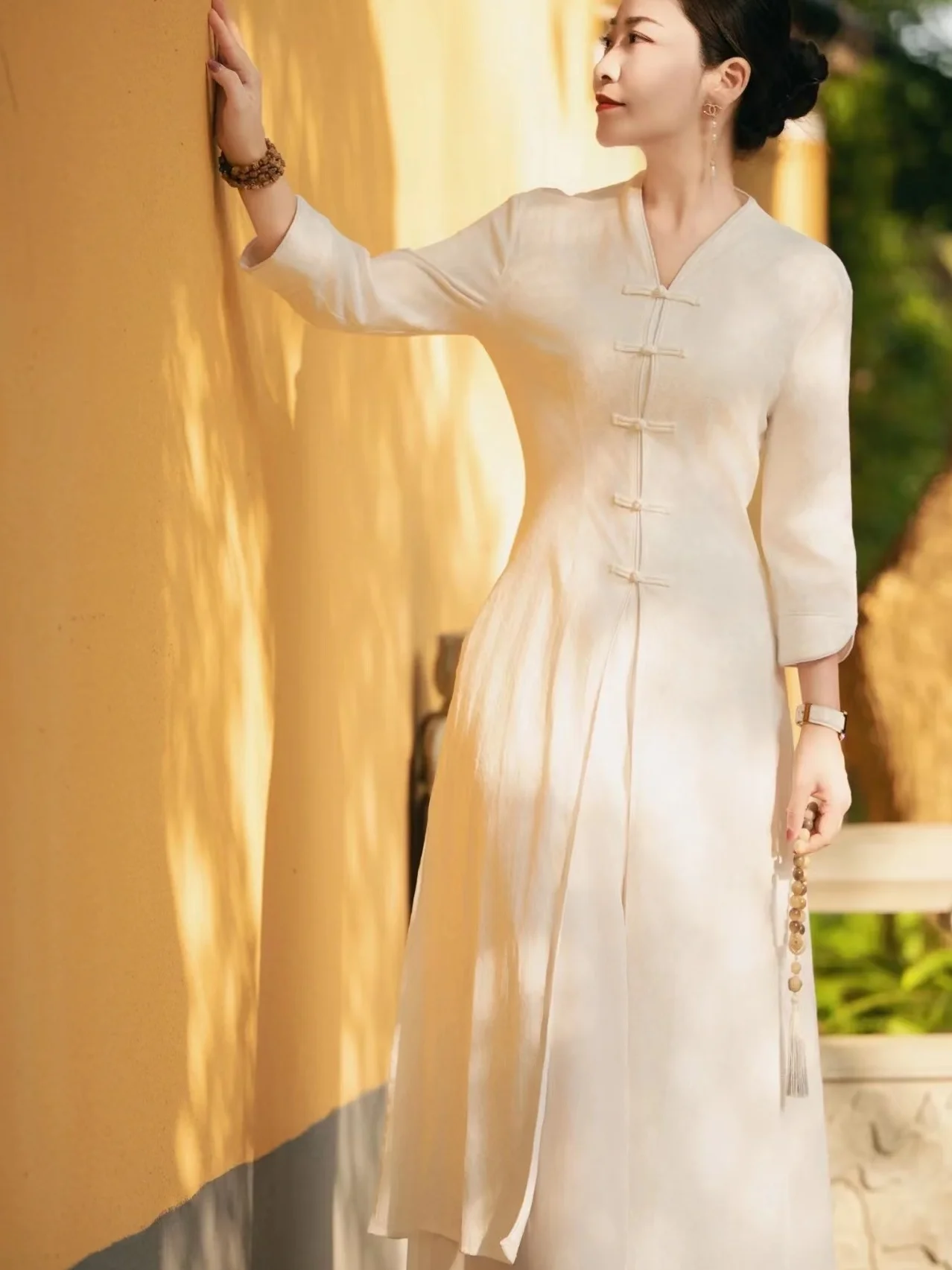 Conjunto de duas peças de linho de algodão feminino chinês sle zen dr tradicional nacional faion vestido melhorado com botões