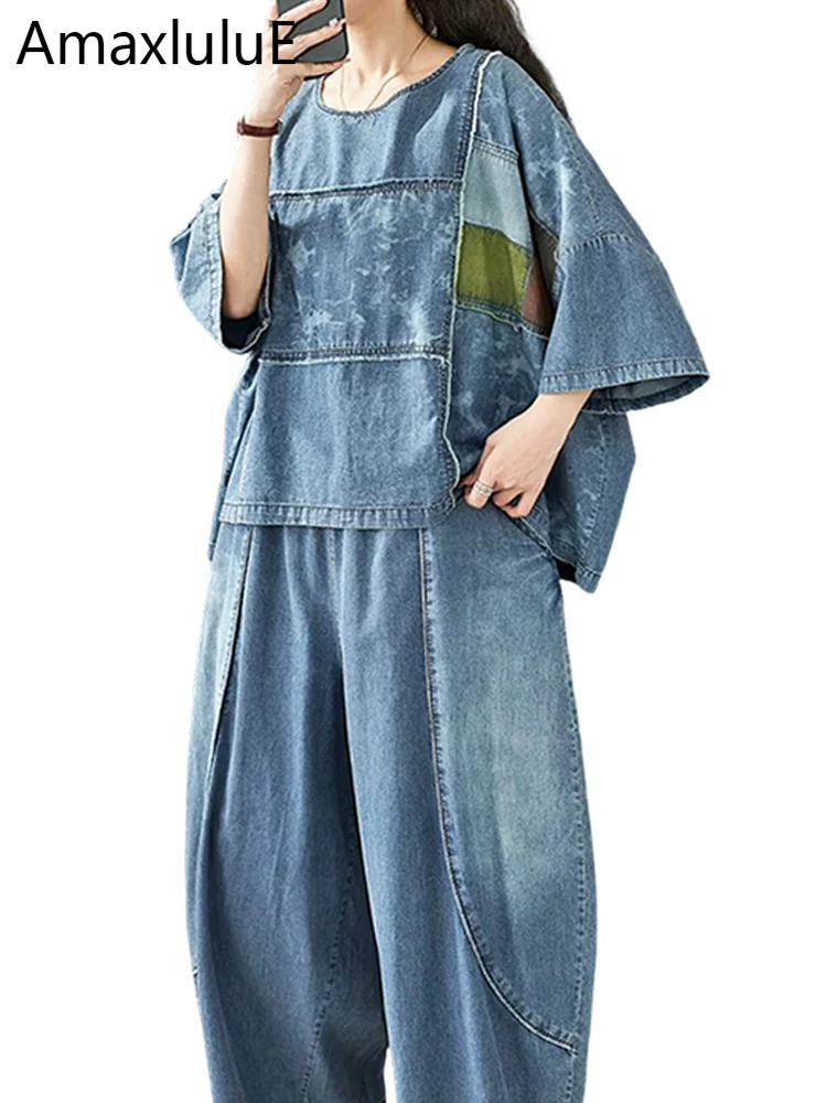 

Amax LuluE 2026 Womens Summer Oversized Denim Two Pieces Sets Loose Printed Tops Patchwork T-shirts Casual Jeans Vintage Outfits