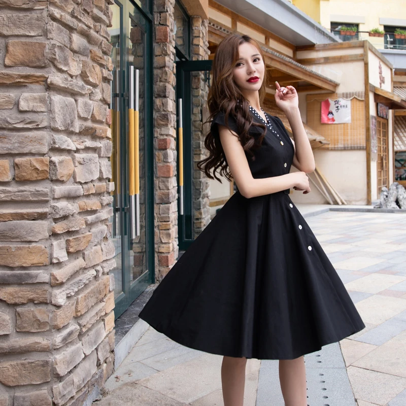 

Vintage Black Audrey Hepburn Dress Women Summer Retro Elegant Slim Short Sleeve Fluffy Big Swing Dresses