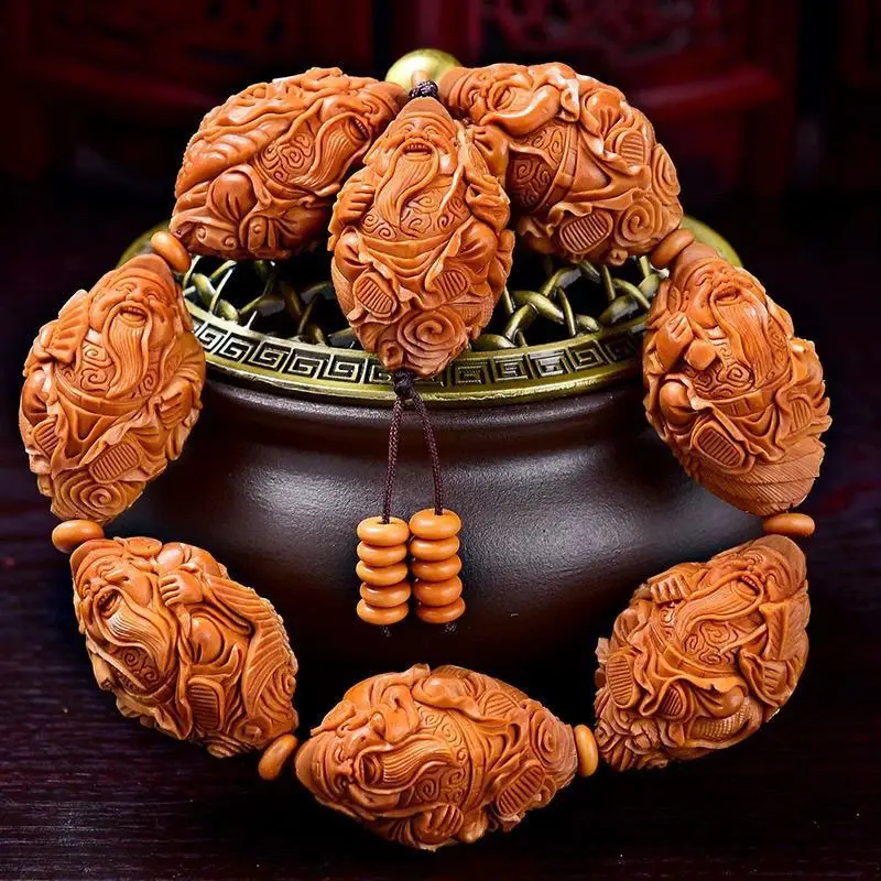 1.8 Big Seed Riding Beast Eight Treasures God of Wealth Olive Pit Carving Bracelet Men's and Women's Bracelets Gifts for Friends