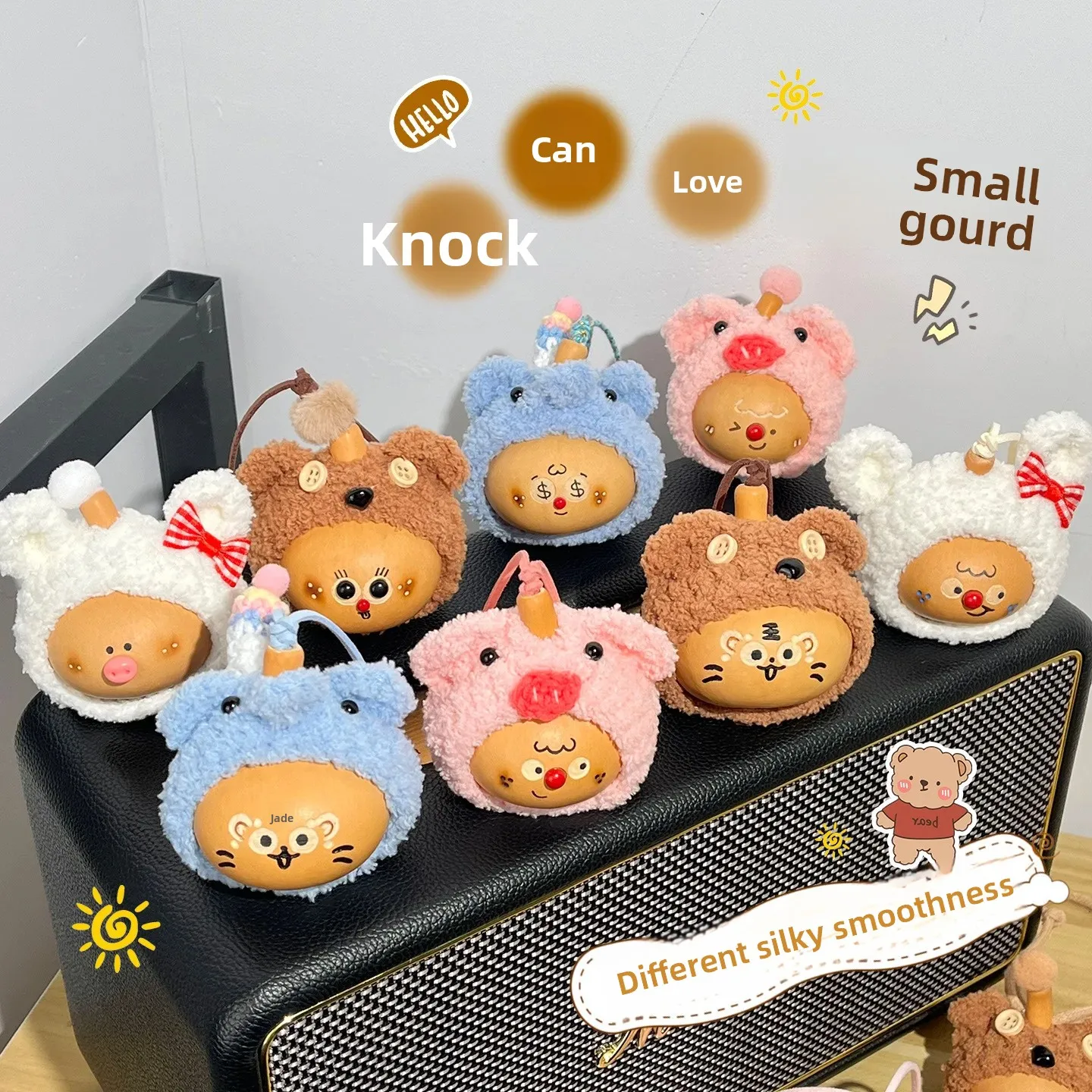 Natural Gourd Handheld Pendant Cute Bear Hat Handmade Plush Stress Relief Fidget Bag Car Charm Accessory Lucky Blessing Fortune