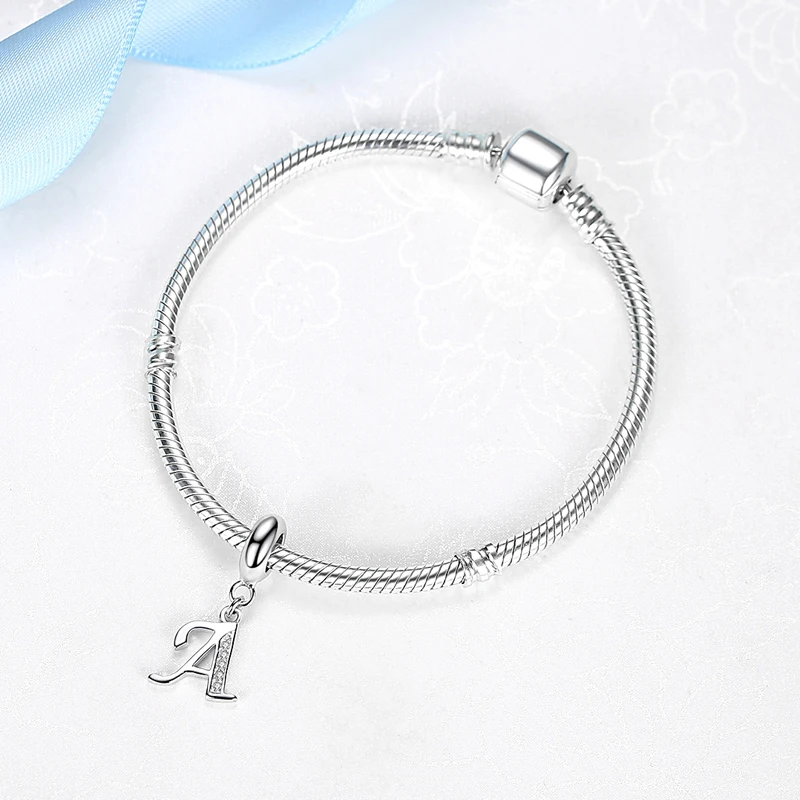 Original Silver Plated Charms Alphabet A-Z Letter Pendant Beads Pave CZ Fit Pan Bracelets Necklaces Women DIY Jewelry