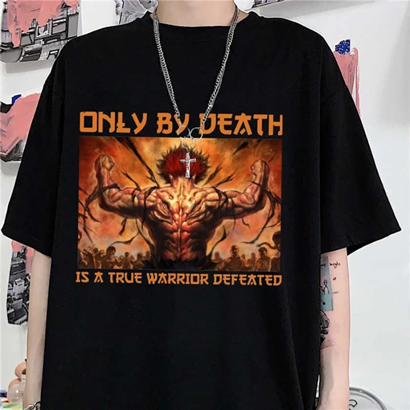 Anime Only by Death Is a True Warrior Defeated Cool Pattern Printed T-shirt Youth Outdoor Casual Round Neck Short Sleeve Shirt