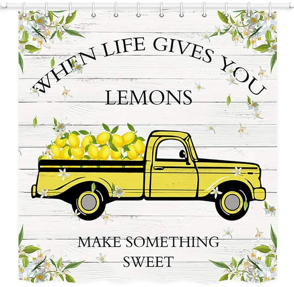 Summer Farmhouse Fruit Lemon Truck Car Shower Curtain Rustic Truck Flower on Retro Vintage Wooden Bathroom Decor