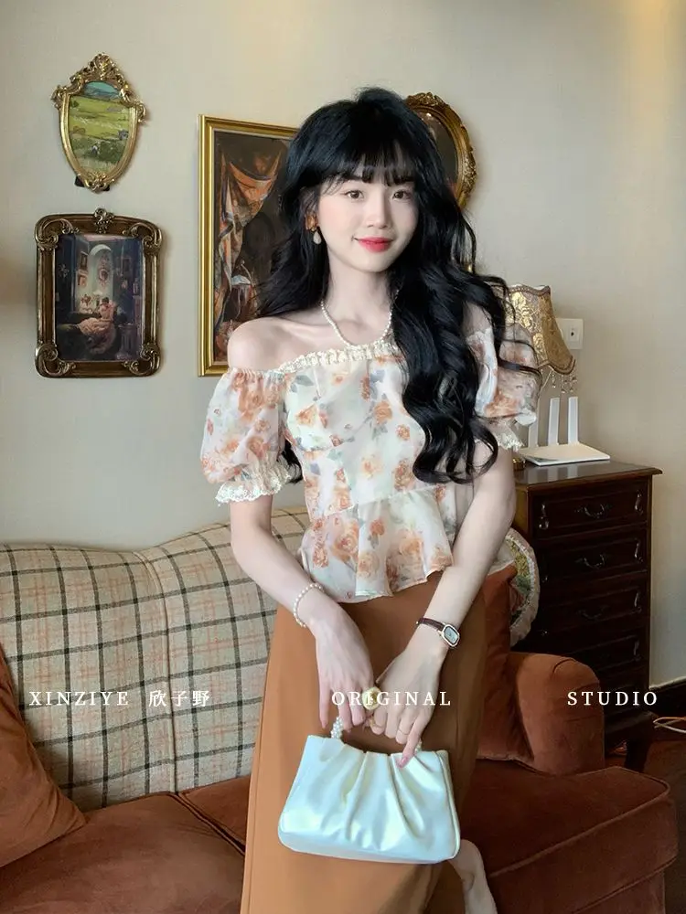 Shirt Vintage Floral Print Puff Sleeve Korea Elegant Sweet Design Women Shoulder Clothes Tops Y2k T-Shirt Women Summer 2024 New