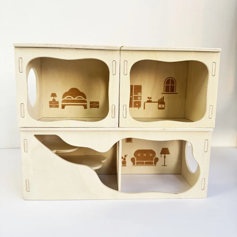 New Wooden Hamster House Stackable Detachable Hamster Villa Chew-Resistant Climbing Structure Rodent Hiding Corner Pet Play Area