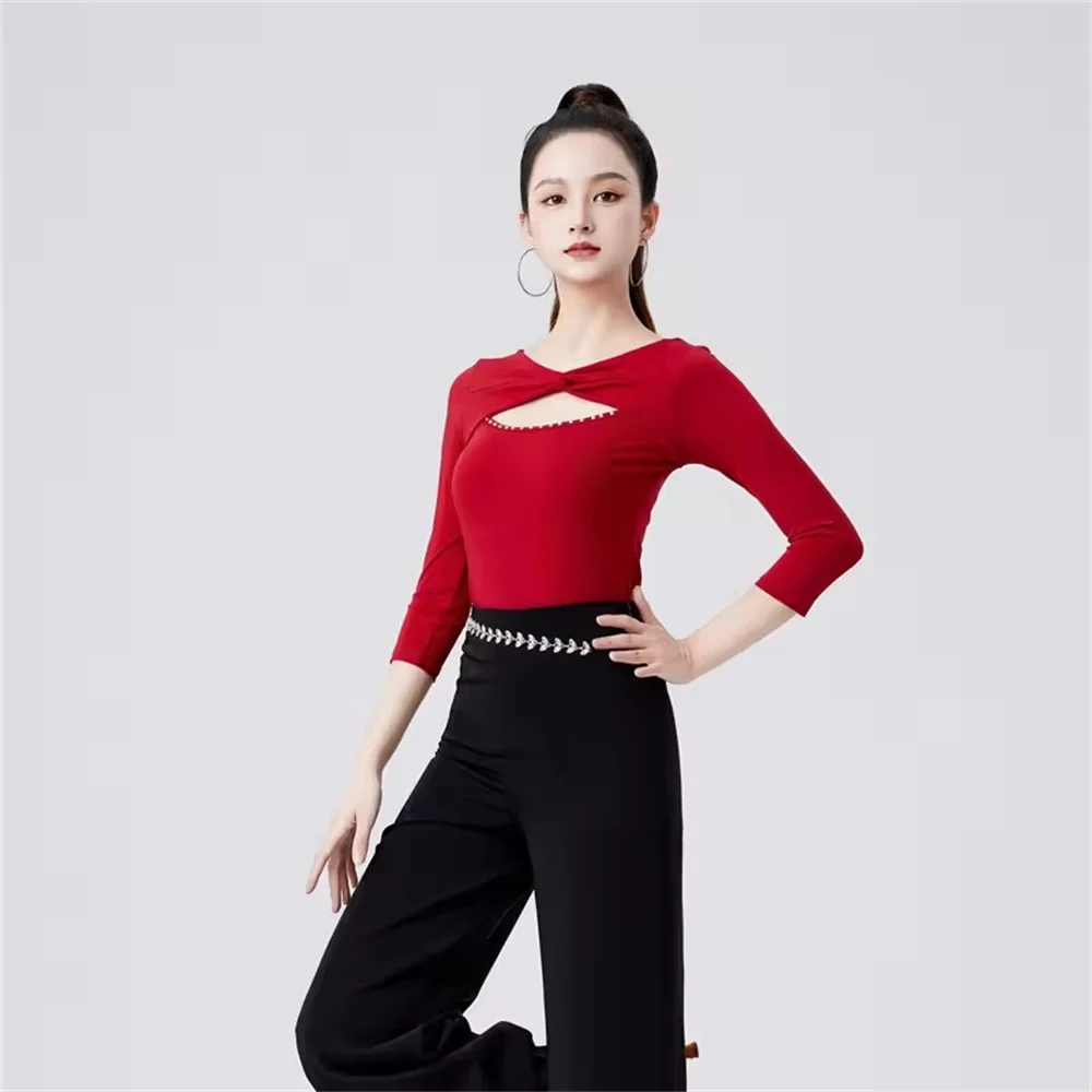 Solid Color Samba Dance Adult Tops  Modern Dance Latin Practice Girls Slim Fit Costume Women's Dance Top Competition T-shirt