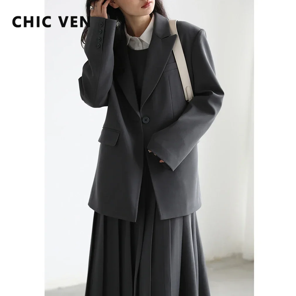 CHIC VEN New Fashion Women's Blazer Wide Shoulder Suit Coat Pleated Dress Two-piece Set for Women Spring Autumn 2023 Office Lady