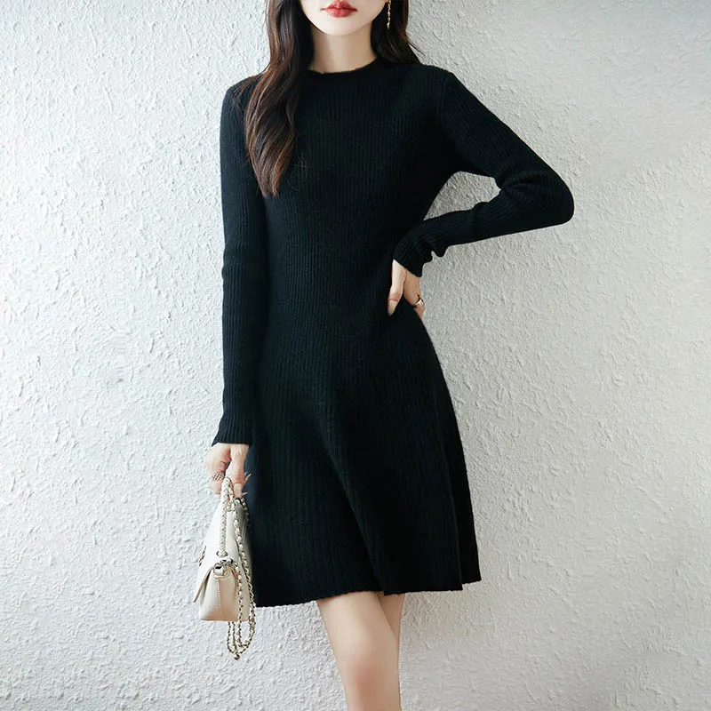 

Hot A Skirt Selling New Women's 100% Merino Wool Knitted Dress Autumn Winter Thick O-Neck Pullover Long Sweater Casual Dress