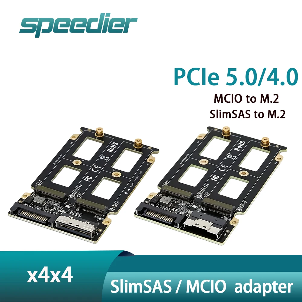 SlimSAS MCIO To Dual M.2 NVMe Adapter Card PCIe 4.0 / 5.0  2-Port X4 X4 2280 SSD Riser Board for Server Storage Expansion