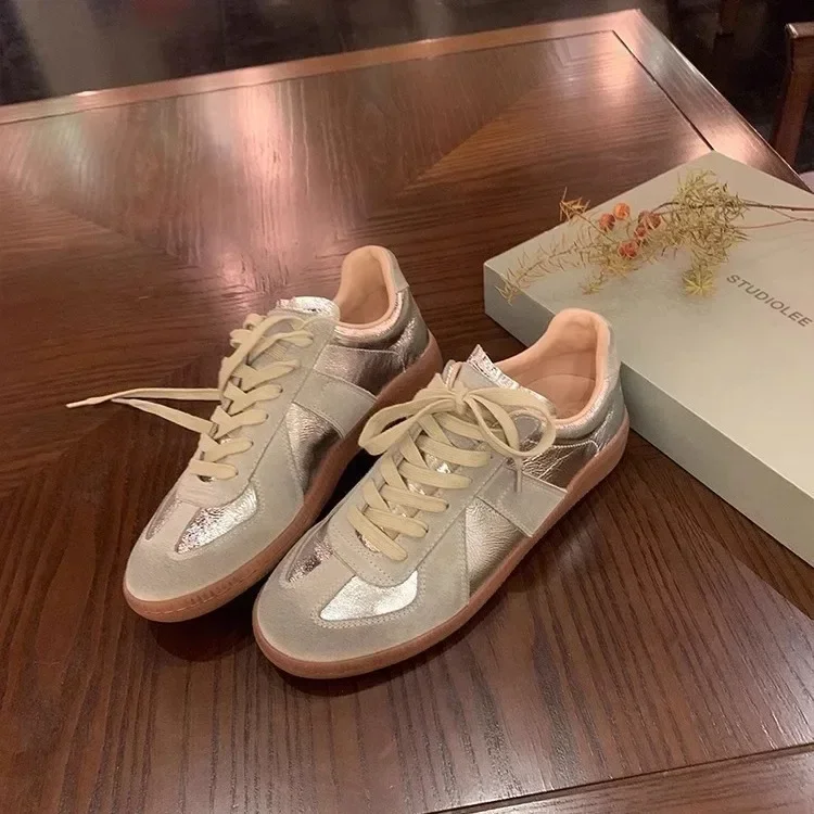 

Soft Leather Vintage Matching Color Round Head Casual Shoes for Women 2024 Korean Slim Sports Board Shoes