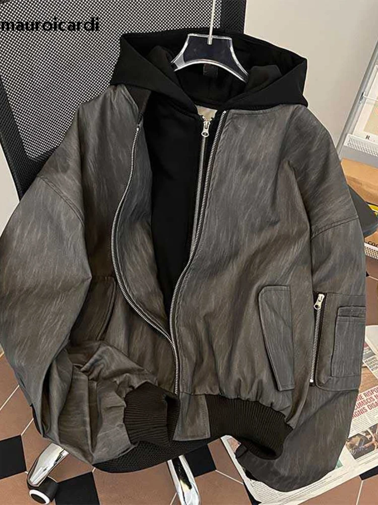 Mauroicardi Spring Autumn Cool Vintage Distressed Pu Leather jacket Men Zipper Fake 2 Piece Luxury Designer Clothes Hoodie 2024