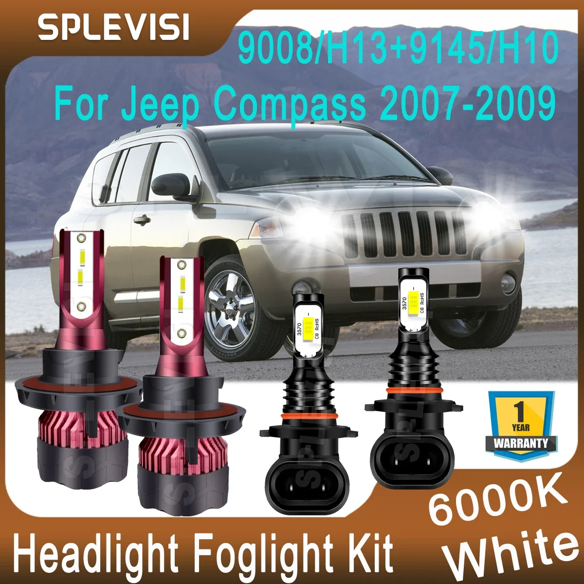 

Upgrade CSP Chips Bright White Kit For Jeep Compass 2007 2008 2009 Replace High Low Beam 9008/H13 Foglamp 9145/H10 Combo Bulbs