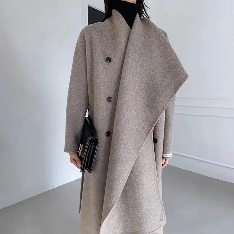 New Hand-sewn Cashmere Wool Coat Women New Mid-length Big Scarf Collar Loose Lace-up Warm Double-sided Wool Coat Fashion Winter