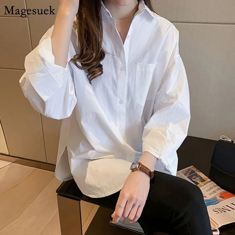 Spring Office Lady Elegant Women Shirts Cotton White Blouse Autumn Femme Long Sleeve Loose Blouses Female Tops Casual 11456