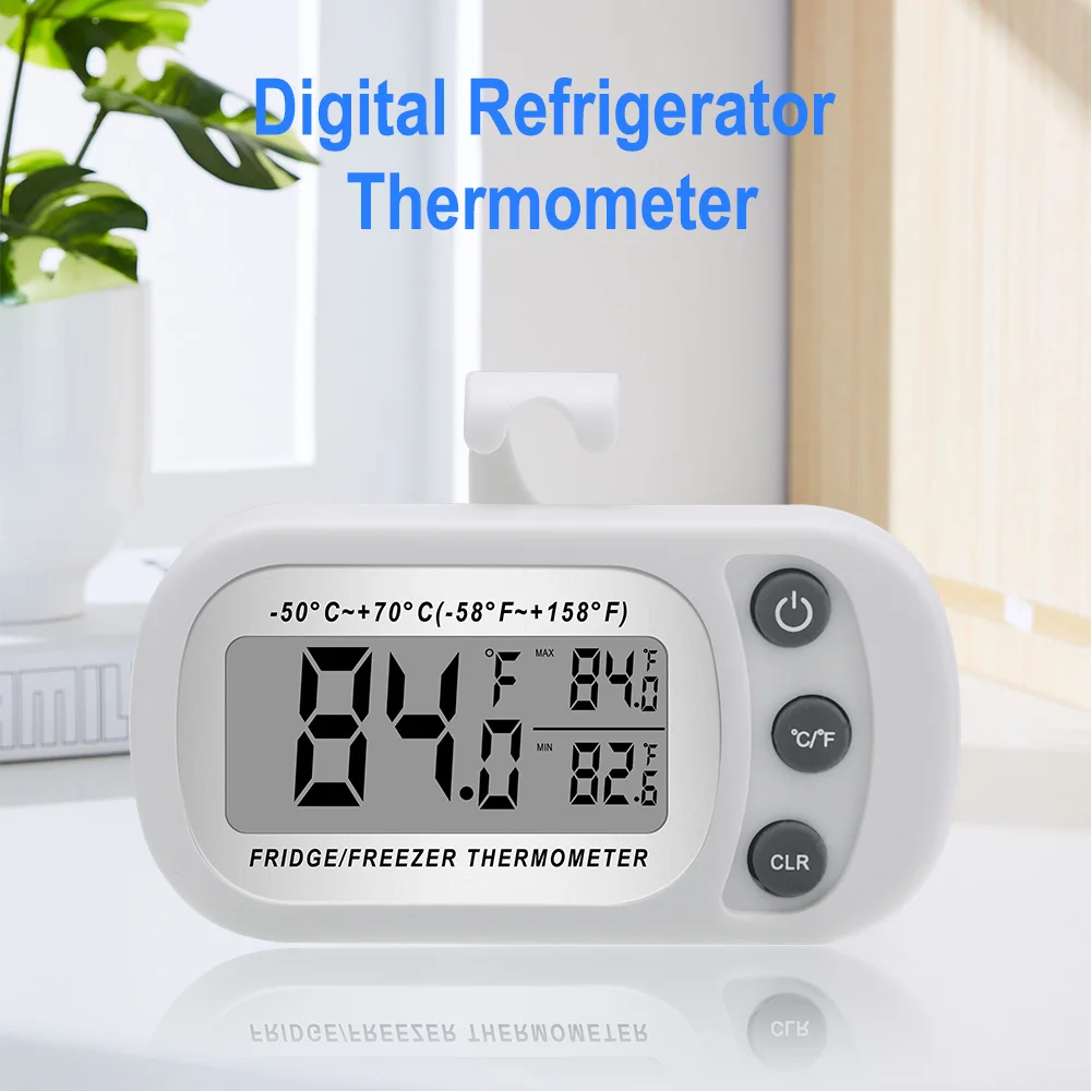 Digital Freezer Room Thermometer - Large LCD Refrigerator Fridge Thermometer with Magnetic Back & Hook, Waterproof Kitchen Home
