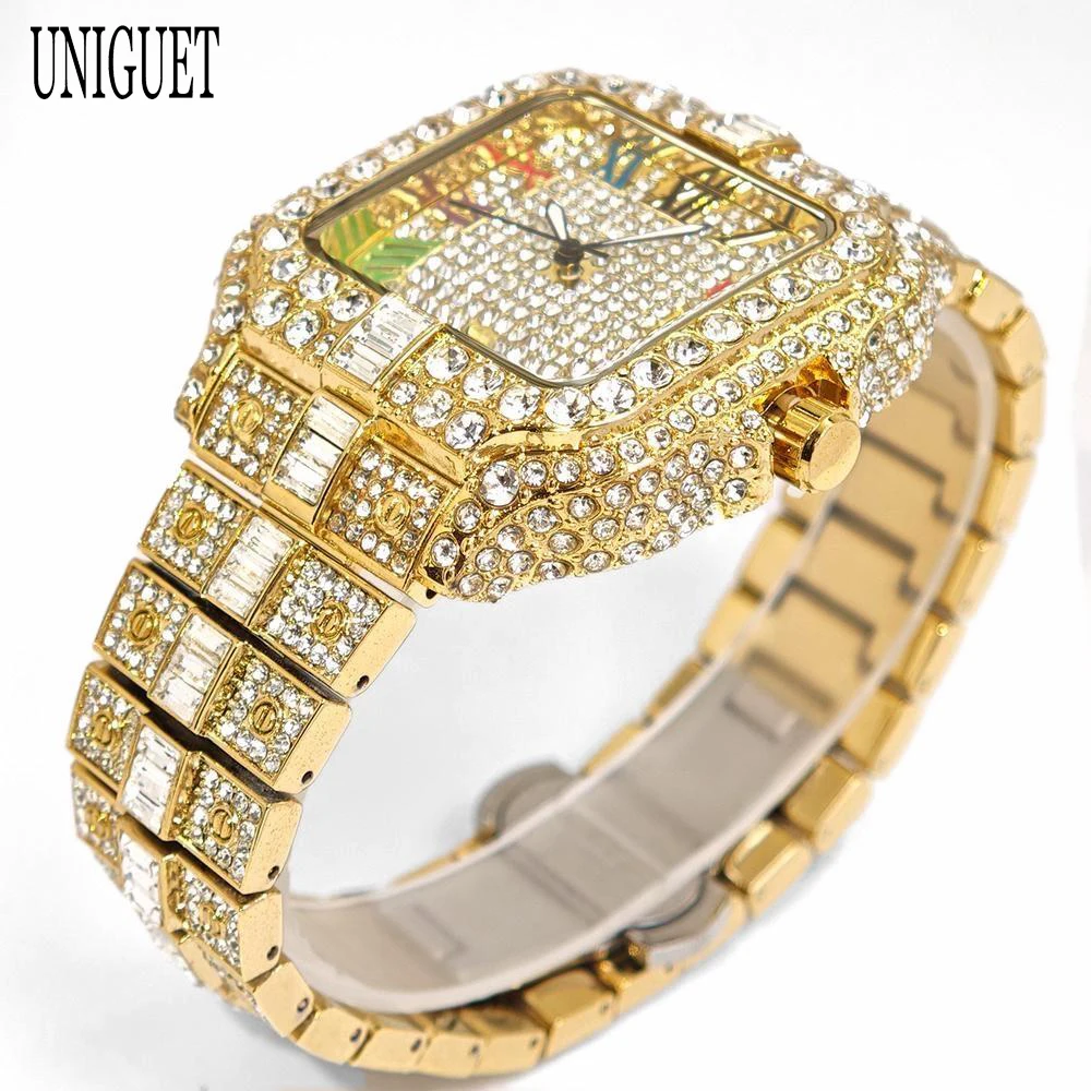 New Luxury UNIGUET Men\'s Fashion Diamond Watch Hip Hop Iced Bling Color Jewelry Square Quartz Wristwatches Stylish Men Accessory