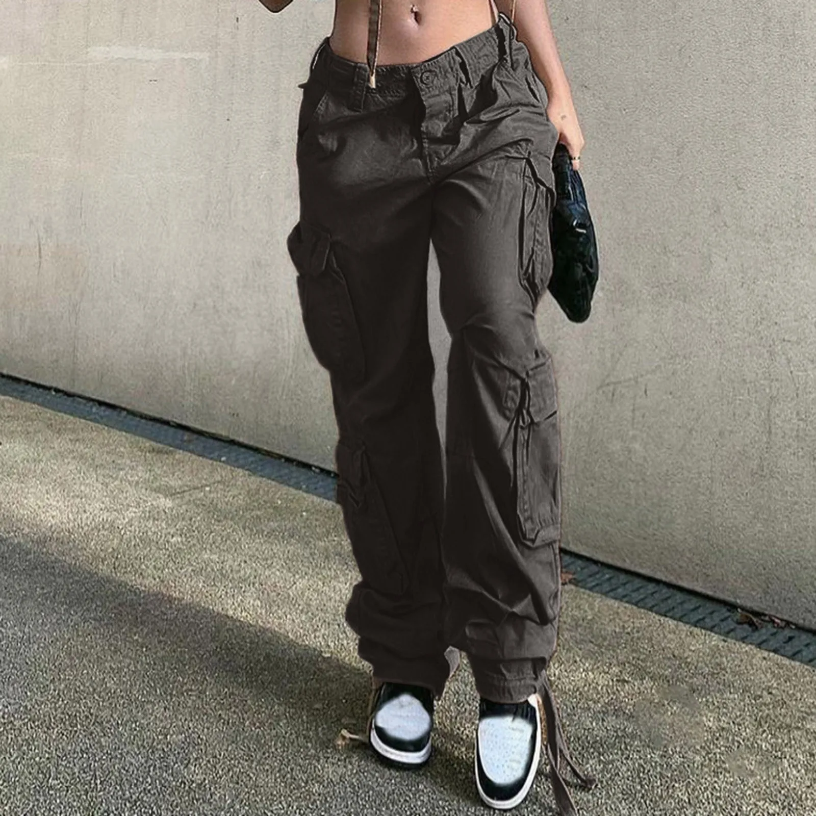 Autumn Winter New Womens Cargo Pants Vintage Baggy Jeans Streetwear Fashion Hip Hop Wide Leg Pants High Waist Straight Trousers