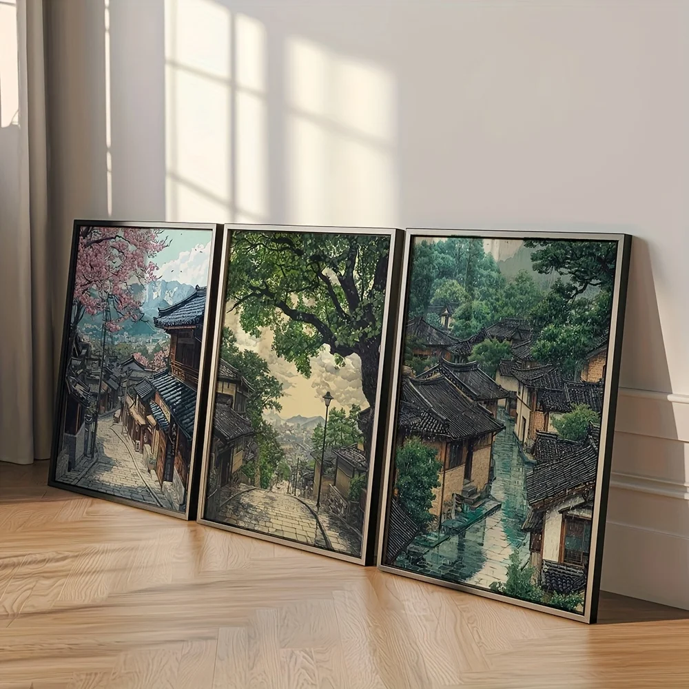 3pcs Retro Seoul City Landscape Canvas Wall Art Posters, Unframed Korea Street Prints for Living Room & Bedroom Decortions Gifts