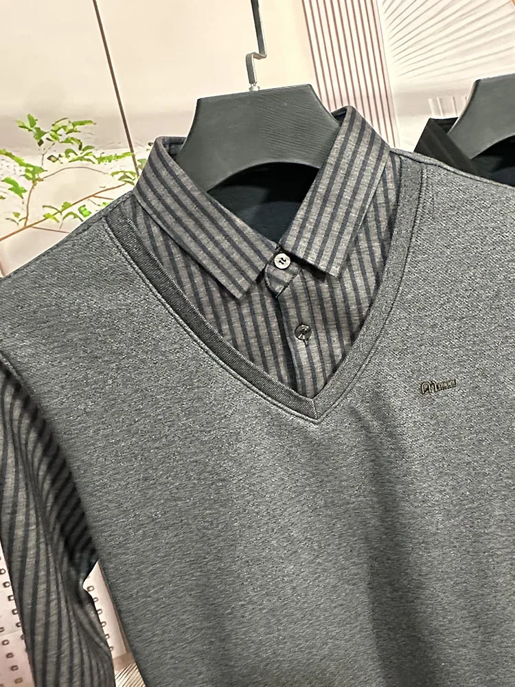 

Men's Autumn Winter Thiened Fce Lined Long Sve Knitted Sweater Fake Two-Piece Sle Casual Wear Daily Faion