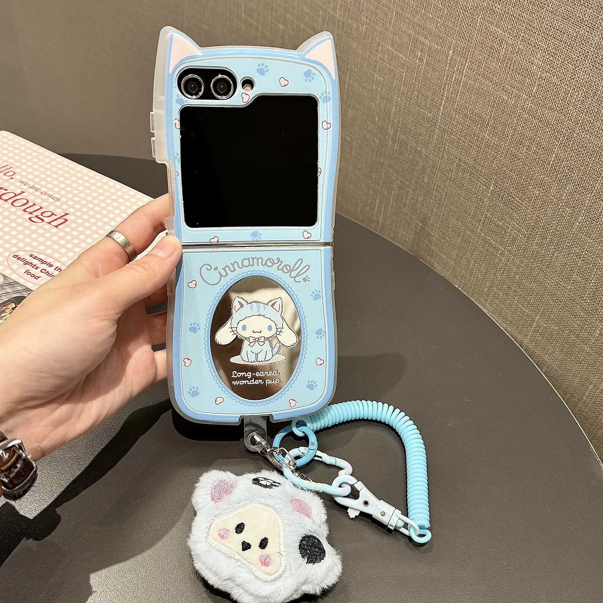 Funda de teléfono con cara de espejo Sanrio Hello Kitty Cinnamoroll de dibujos animados bonitos para Samsung Galaxy Z Flip 6 5 5G 4 3 funda suave con cordón