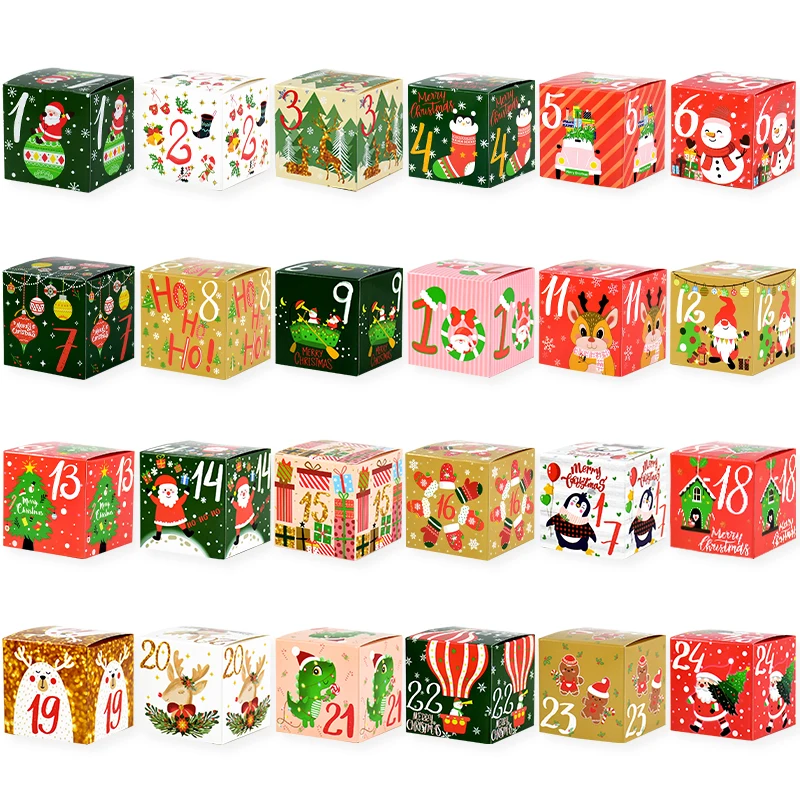 24 Digits Christmas Advent Calendar Gift Packaging Candy Boxes Santa Countdown Kraft Paper Gift Box For Home Kids New Year Gifts