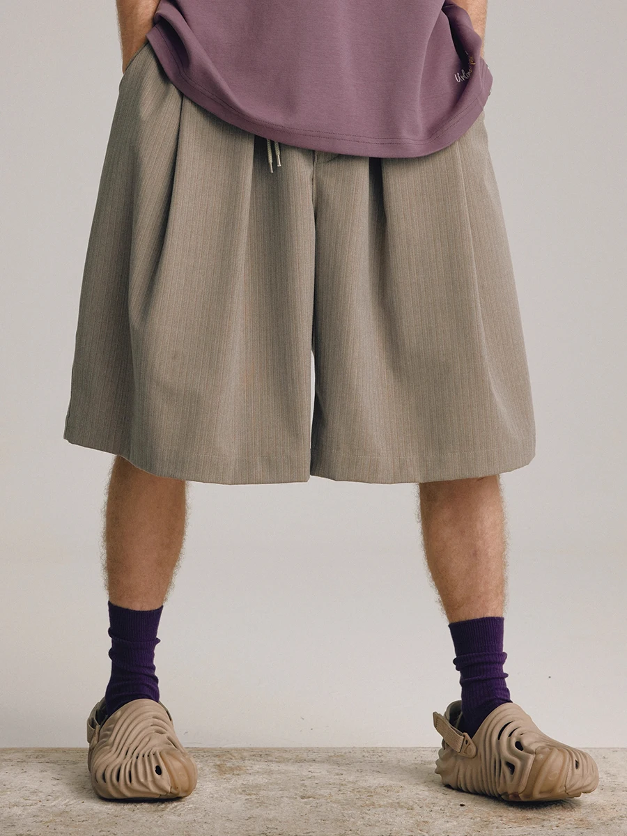 

Mauroicardi Spring Summer Loose Casual Soft Striped Shorts for Men with Drawstring High Waist Short Wide Leg Pants Clothes 2025