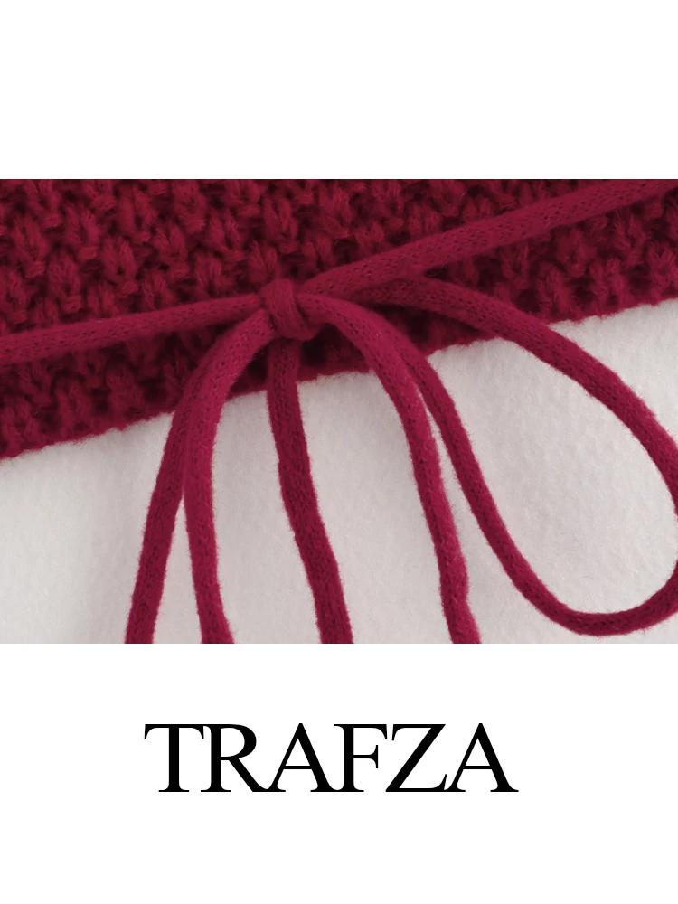 TRAFZA, nueva moda para mujer, suéter corto Sexy con cuello redondo y espalda descubierta de punto con lazo, ropa de calle versátil Retro para mujer, suéter informal