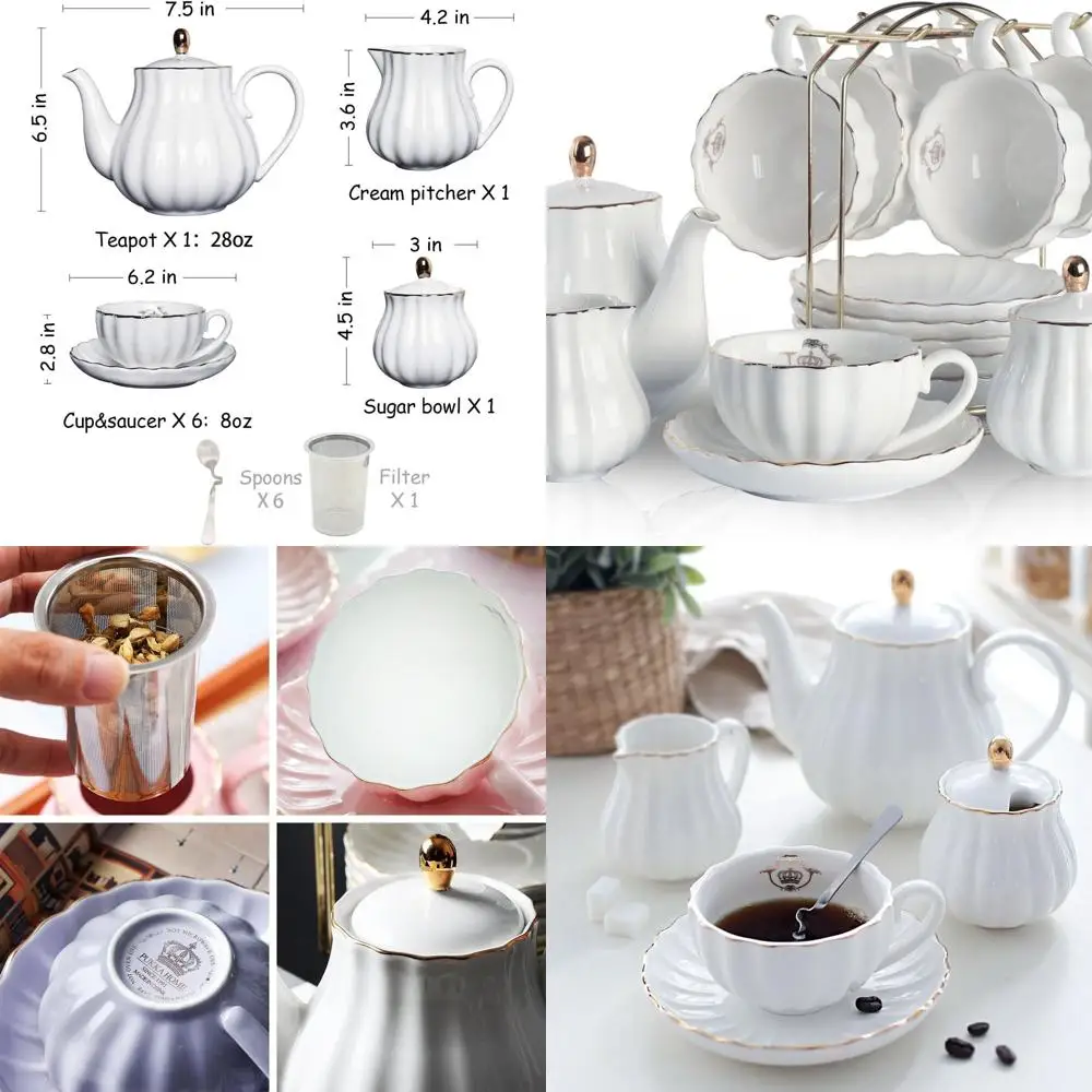 Juego de té de porcelana de inspiración real británica, tazas y platillos de 8 oz para 6, con tetera, azúcar, crema, cucharaditas y colador para té/