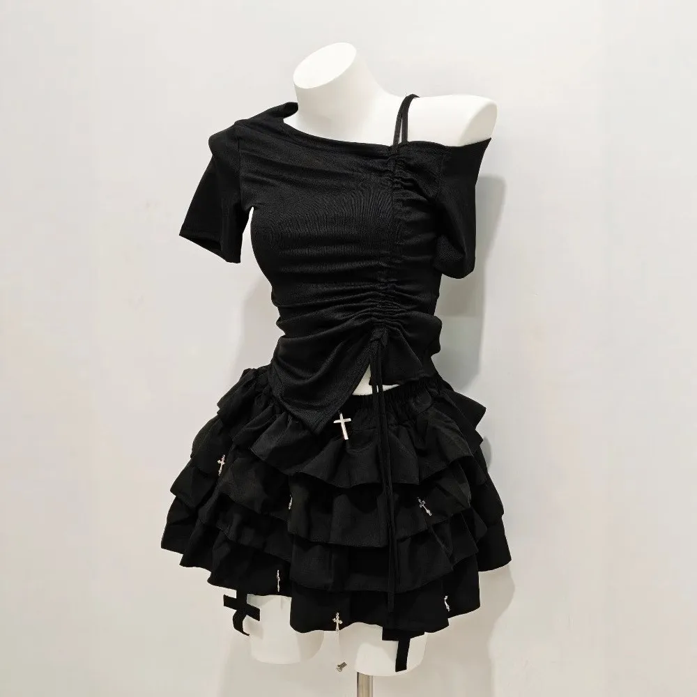 

Summer Gothic Ruffle Asymmetrical One Shoulder Tee Top Y2k Matching Set Mini Skirt Jumpsuit Playsuit Evening Dress