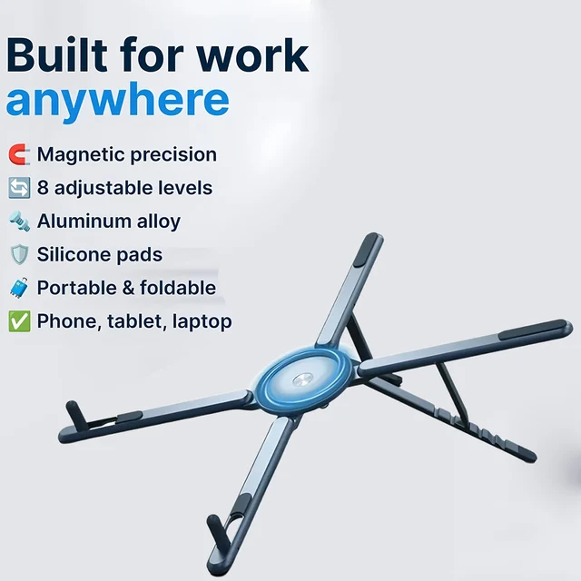 Aluminum Alloy Metal Multifunctional Mobile Phone Stand, Tablet and Laptop Desktop Stand, Foldable, Rotating, Portable, Magnetic 5