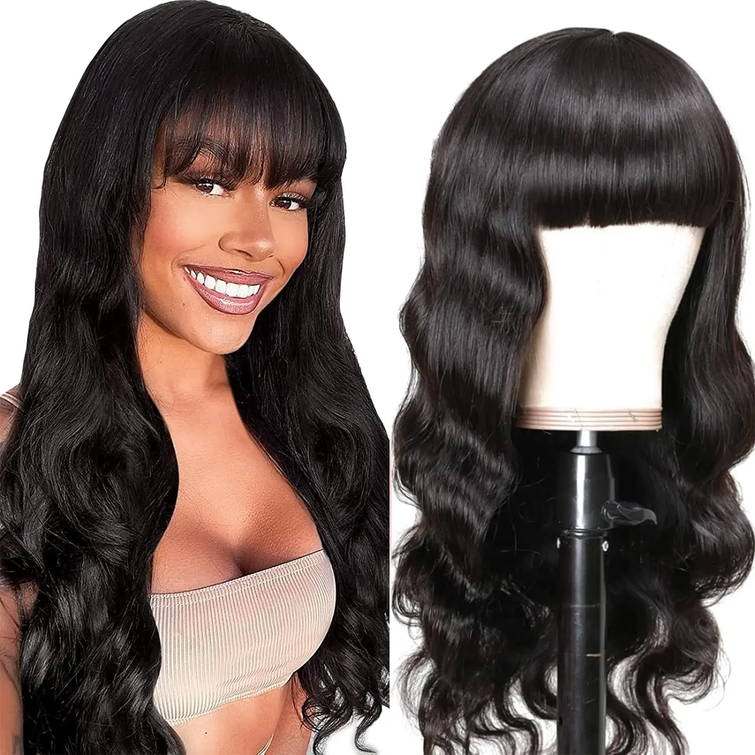 Onda do corpo perucas de cabelo humano com Bangs, peruca glueless, pré arrancado, barato, à venda, máquina completa feita, com estrondo