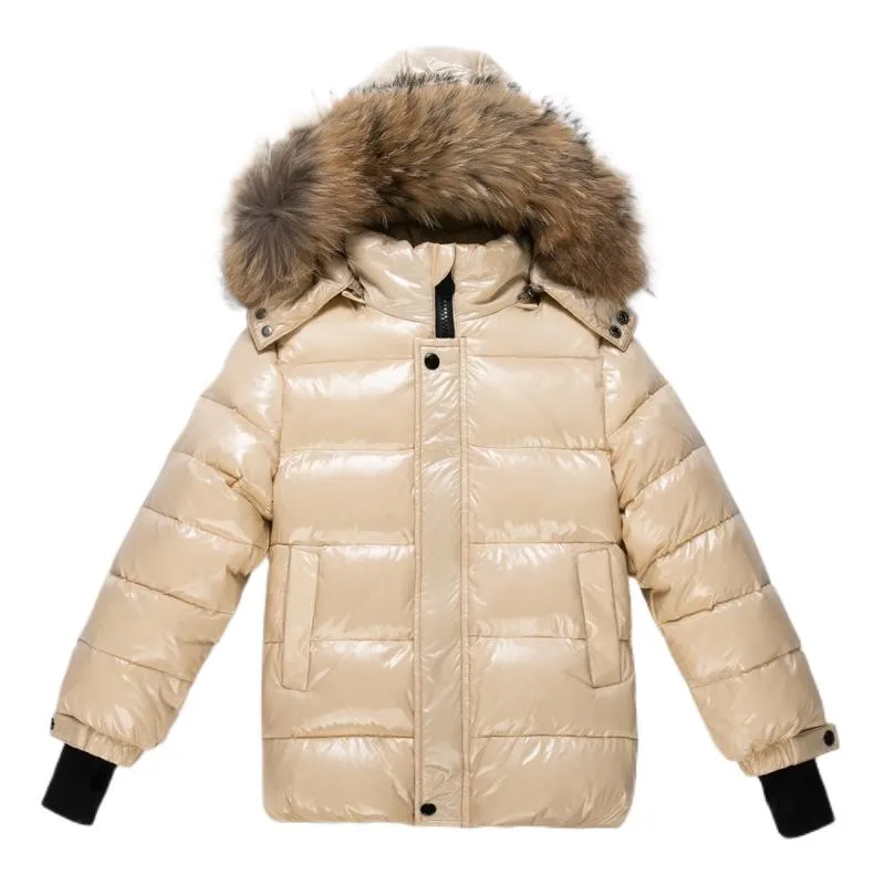 RAISE 2024 Winter Children Girl Down Jacket Real Fur Hooded Waterproof Shiny Girl Parkas Toddler Outfit 1-14Y Teenager Outerwear